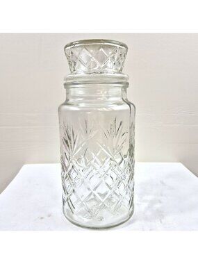 1983 Planters Peanuts Clear Glass Canister Waffle Pattern Jar with Lid Mr.Peanut